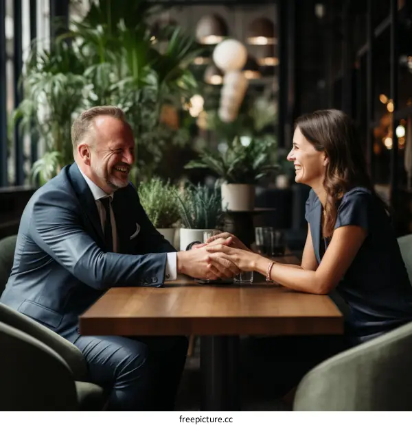 A man and a woman are sitting at a table in a restaurant, holding hands and smiling at each other
