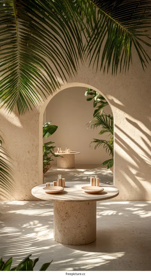 Modern Beige Interior Design with Round Stone Tables