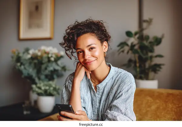 Smiling Woman Using Smartphone at Home