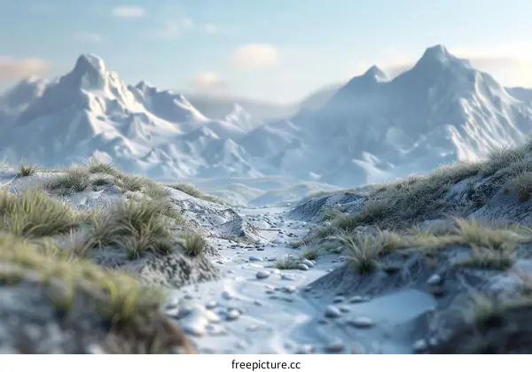 Snowy Mountain Valley with a Rocky Path