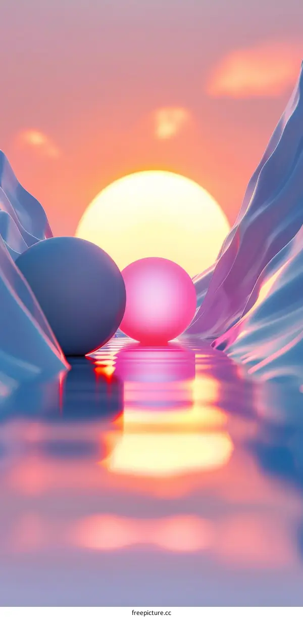 Pink and blue spheres floating on water with sunset in background