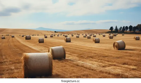 Field of hay rolls in Tuscany, Italy