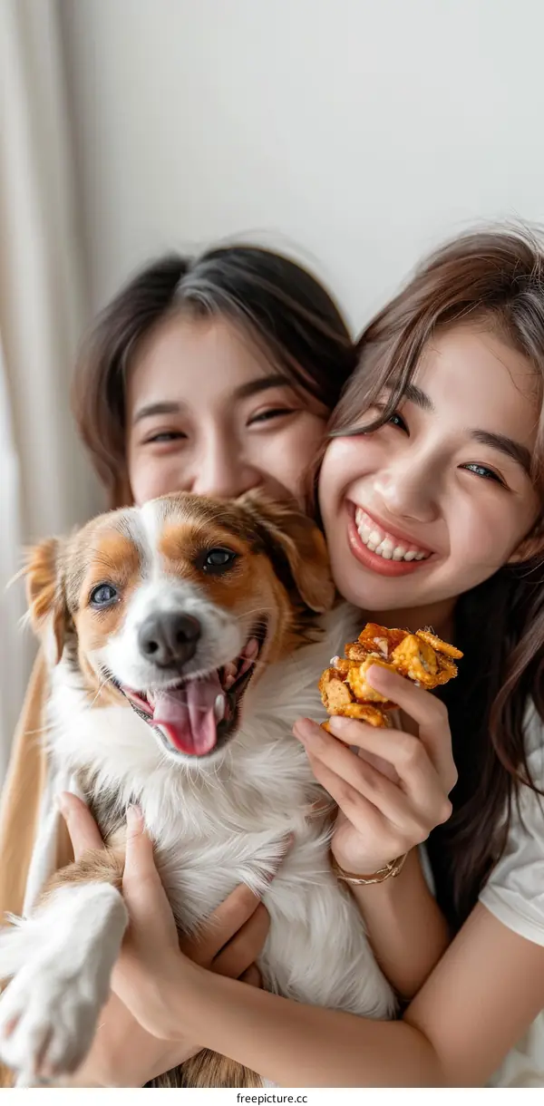 Two young Asian women with a dog