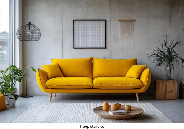 Modern Yellow Sofa in a Concrete Interior Design