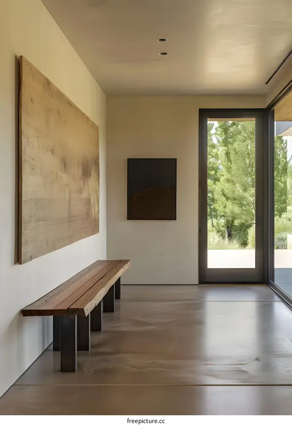 Modern Minimalist Home Entryway Design With Wooden Bench and Artwork