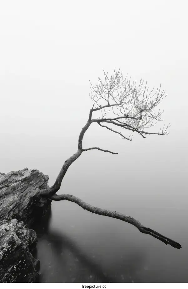 Solitary Tree Emerging from a Rock in a Foggy Lake