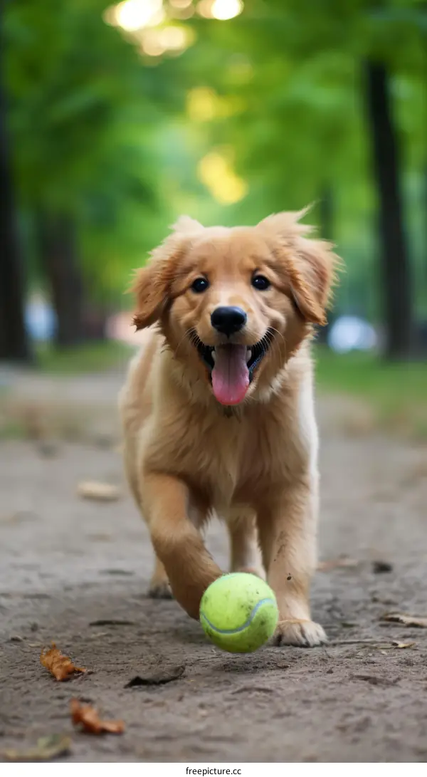 Golden Retriever Puppy Playing With a Tennis Ball in the Park