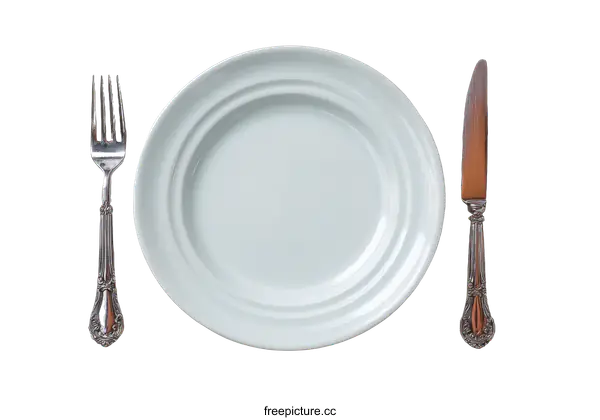 [Transparent Background PNG]Empty Plate with Fork and Knife on White Background