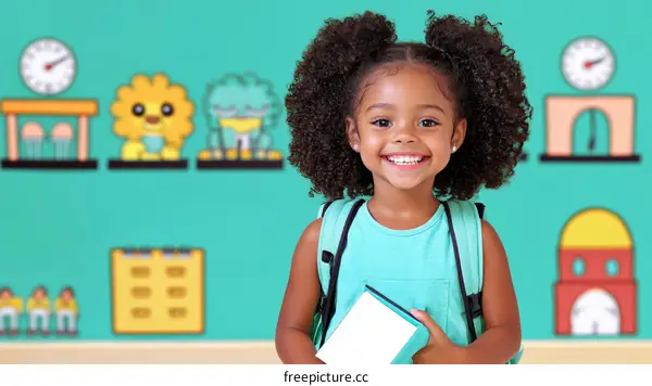 Smiling African-American Girl at School with a Backpack