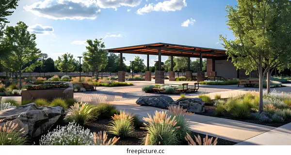 Modern Landscape Design with Covered Patio and Stone Pathway