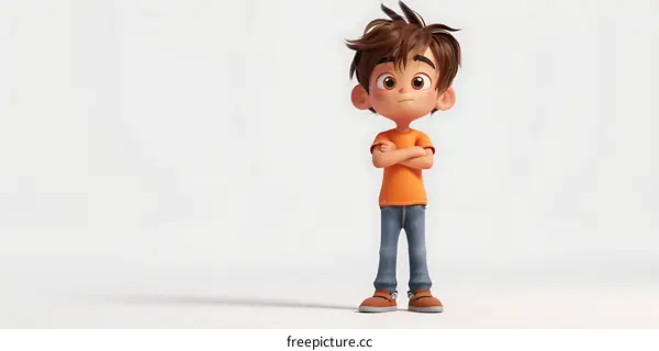 Thoughtful cartoon boy with arms crossed