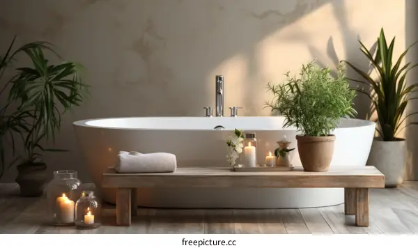 Relaxing Bathroom Interior with Freestanding Bathtub and Wooden Bench