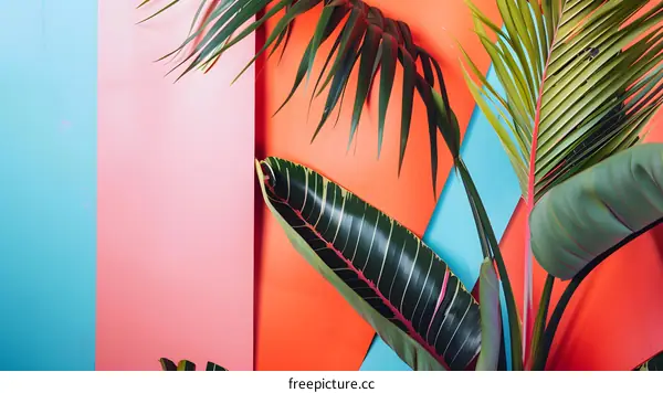 Tropical Leaves On Colorful Background