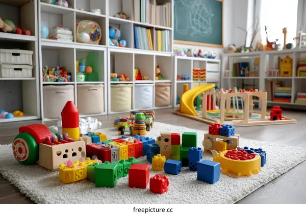 Colorful Playroom with Wooden Toys and Blocks