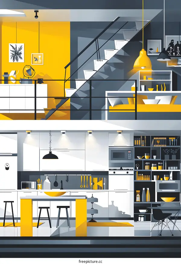 Modern Minimalist Kitchen Interior Design Illustration with Yellow Accents
