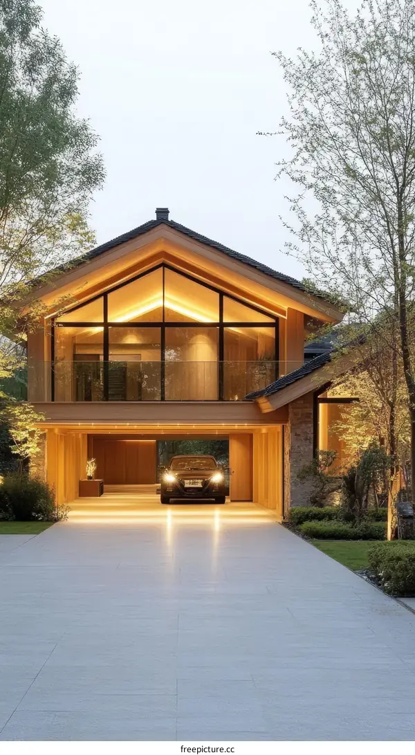 Modern Wooden House Exterior with Driveway