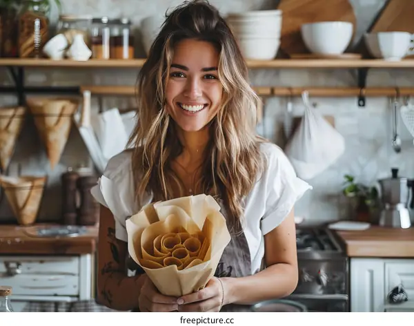 Portrait of a smiling young woman holding a bouquet of flowers made of paper