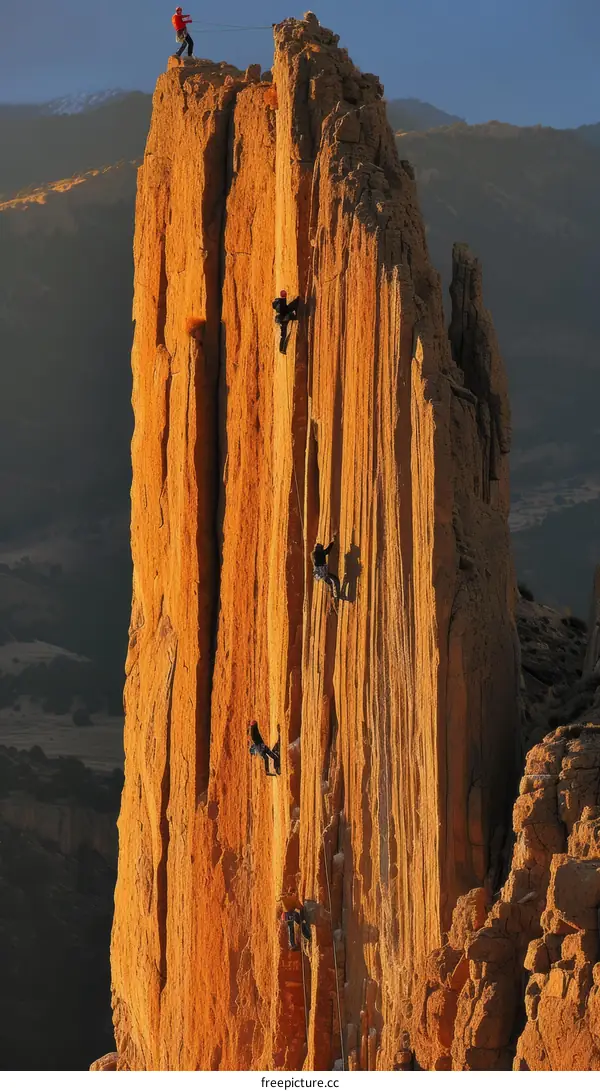 Four climbers ascend a huge rock tower.