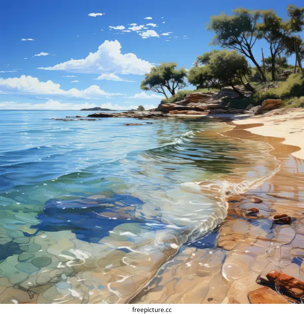 Tranquil Seascape with Rocky Beach and Verdant Trees