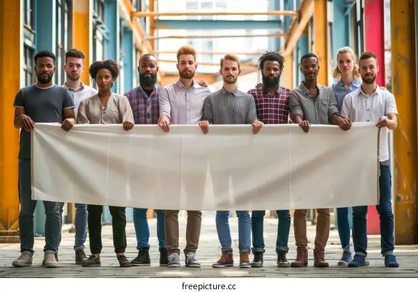 Group of diverse young people holding a blank banner