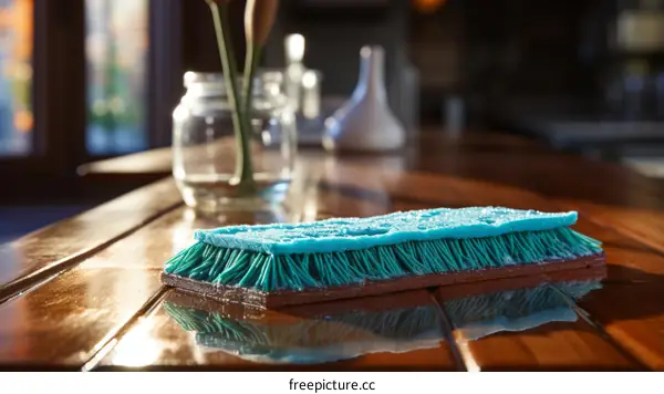 Blue Scrub Brush Sits on a Wooden Table