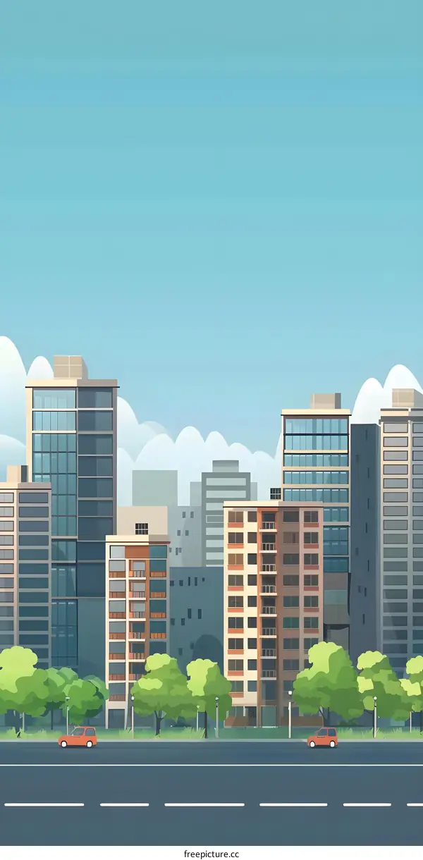 Modern City Skyline with Buildings and Trees Illustration