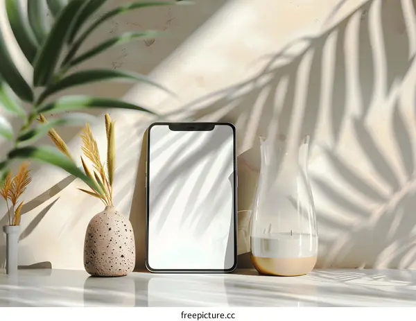 Minimalist Phone Mockup with White Background and Palm Leaf Shadow