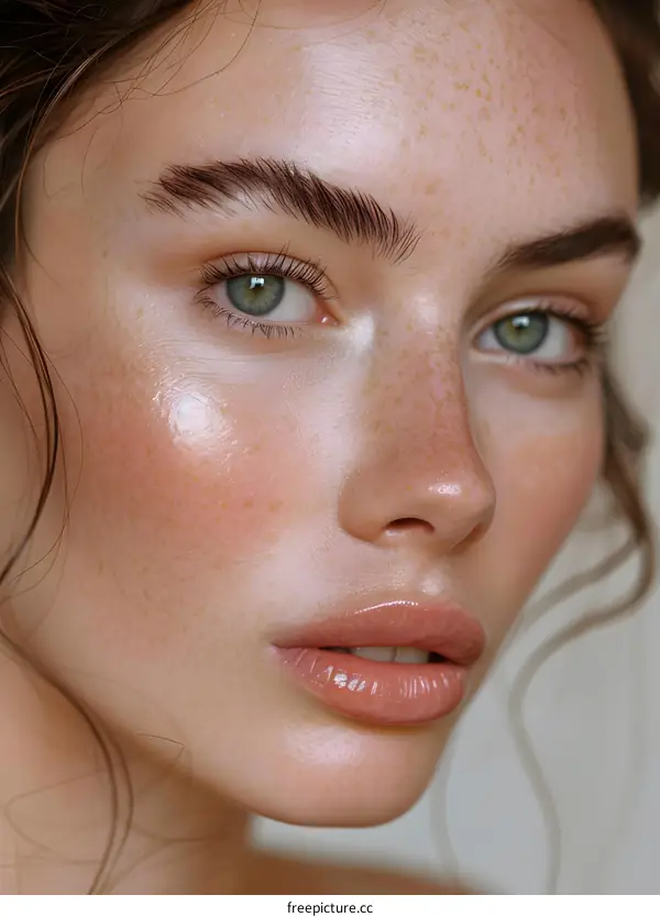 Close-up portrait of a beautiful young woman with freckles and green eyes