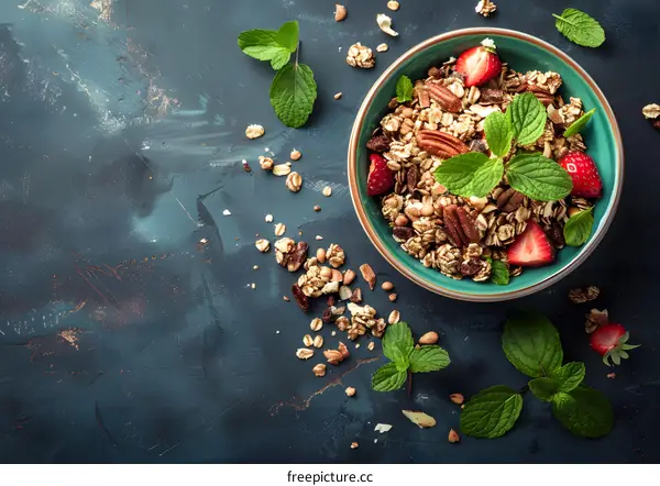 Top view of tasty granola with fresh strawberries, mint leaves and nuts in bowl on dark background. Healthy breakfast concept.