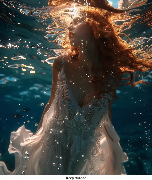 An ethereal portrait of a woman in a white dress, captured gracefully underwater