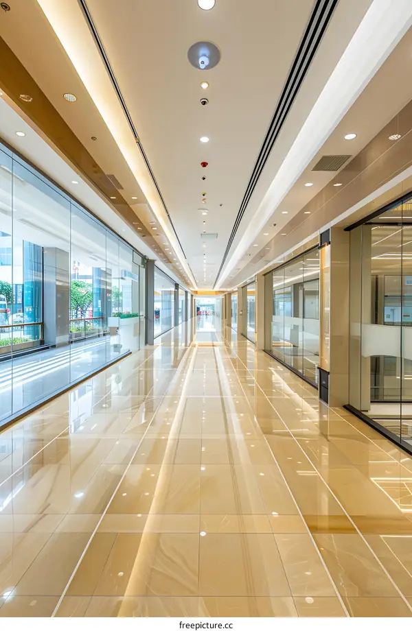 Modern Architecture Empty Corridor with Glass Walls