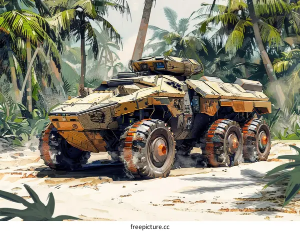 Futuristic military vehicle rides through dense jungle terrain