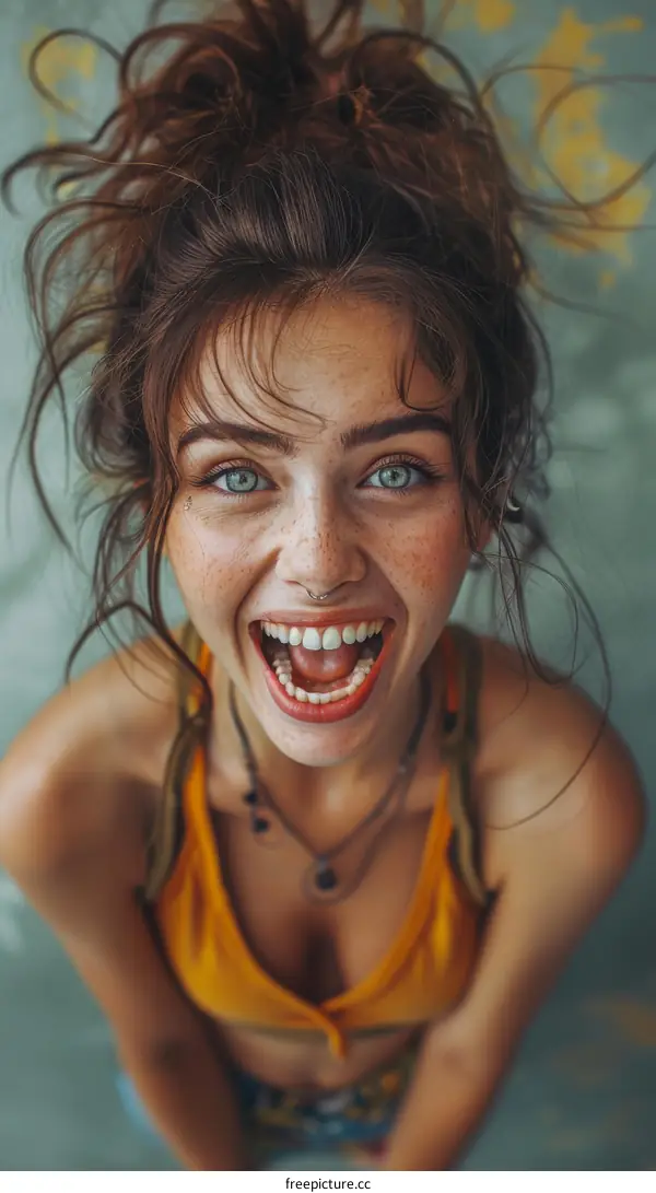 portrait of a young woman with freckles and green eyes