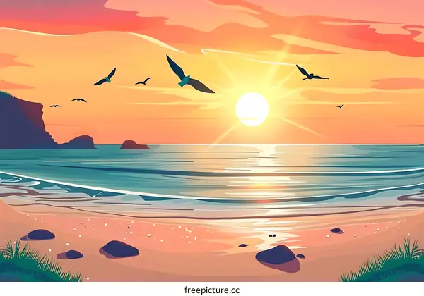 Sunset Beach Landscape with Seagulls Flying Over Ocean