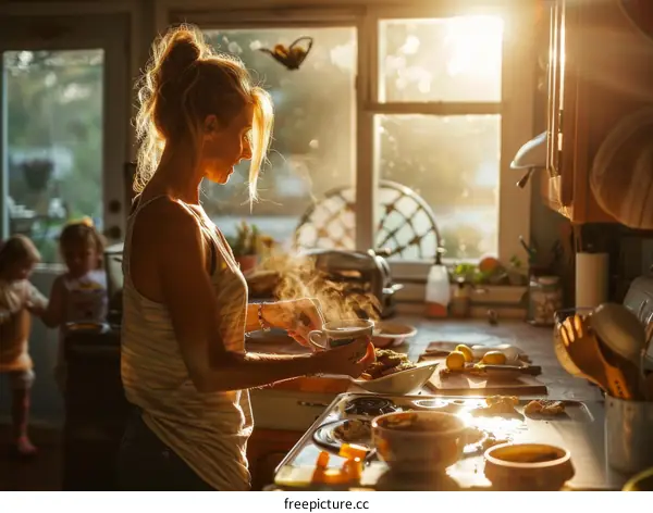 Domestic goddess making breakfast in the kitchen