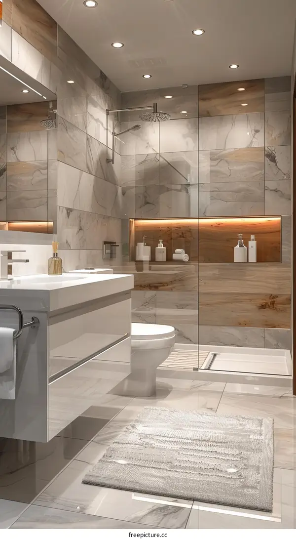 Modern Bathroom Interior Design with Tiles and Lighting