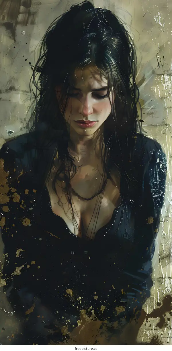 portrait of a sad woman with black hair