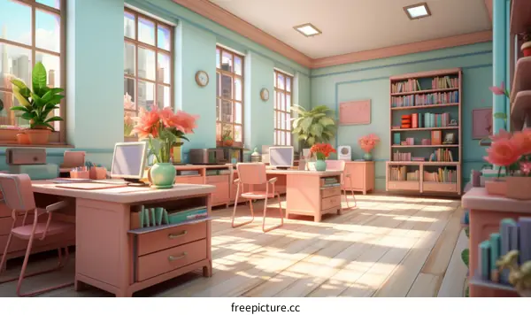 A brightly lit office with pink accents and large windows