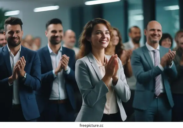 A group of business professionals applaud during a meeting