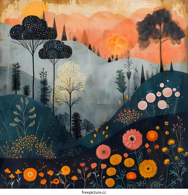 colorful flowers and trees in a field