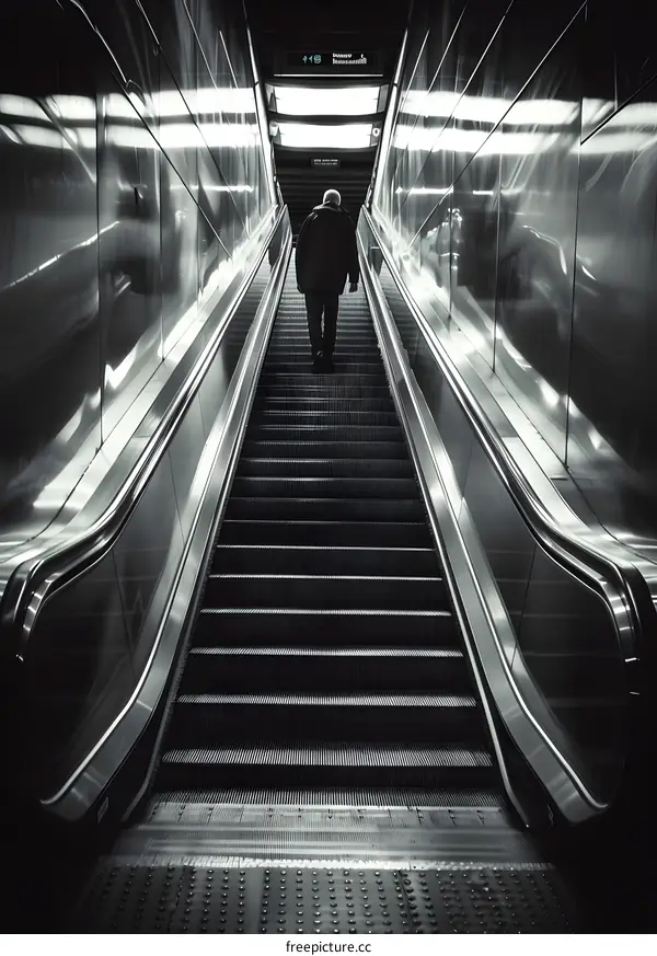 Man Walking Up Escalator in Subway Station
