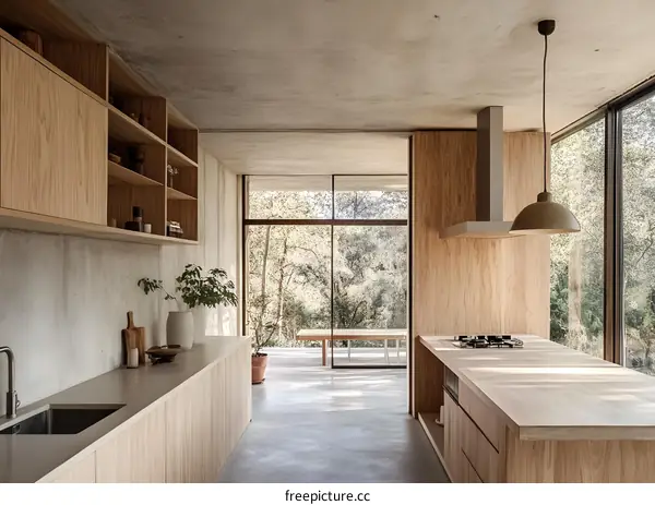 Modern Kitchen with Large Windows and Wooden Cabinets