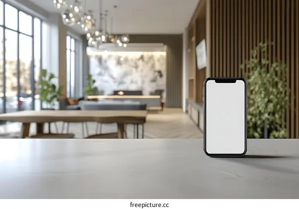 Mockup of a Smartphone on a Wooden Table in a Modern Office Space