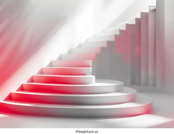 Red and white stairs with a curved wall
