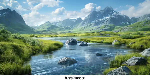 River in a Mountain Valley with Snow-capped Peaks