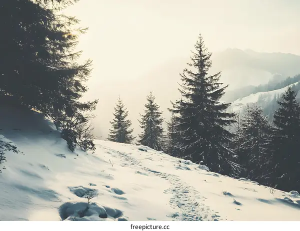 Snowy Mountain Path with Foggy Background