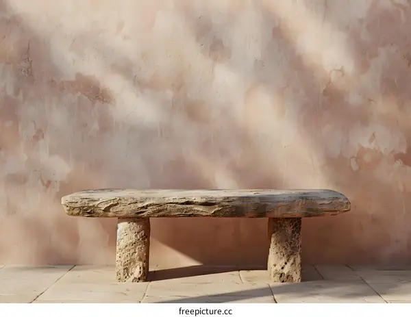Rustic Wooden Bench Against A Tan Wall