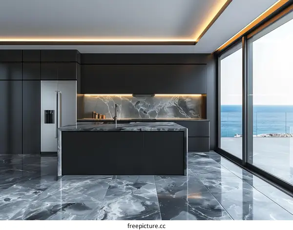 Modern Kitchen With Black and White Cabinets Overlooking the Ocean