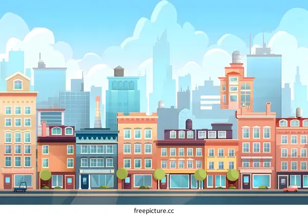 Colorful Cartoon City Skyline with Buildings and Blue Sky