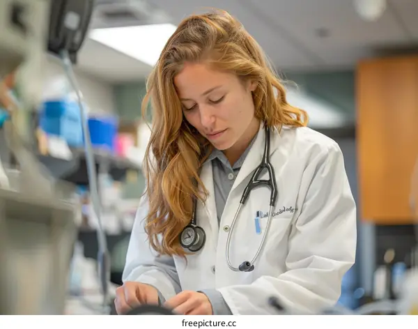 Young female doctor wearing a white coat and stethoscope
